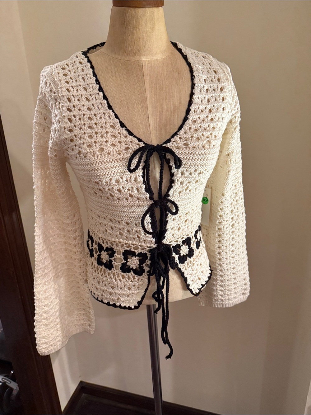 Crochet Tie-Front Jacket with Contrast Trim - White & Black